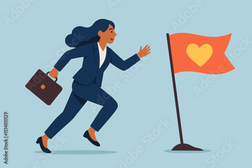 Ambitious businesswoman running with briefcase towards career goal flag with heart. Concept of passion pursuit, professional success, motivation, determination, achievement, and leadership. Vector.