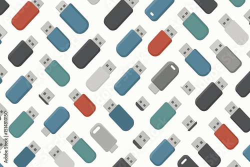 Colorful USB flash drives seamless pattern. Vector background illustration of various memory sticks for data storage and information transfer. Technology gadget and computer accessory concept.