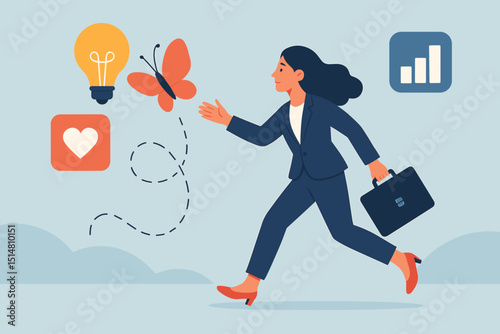 Businesswoman chasing butterfly: a metaphor for career ambition, pursuing goals with ideas, passion, and driving growth. Professional success, motivation, and development concept. Vector illustration.