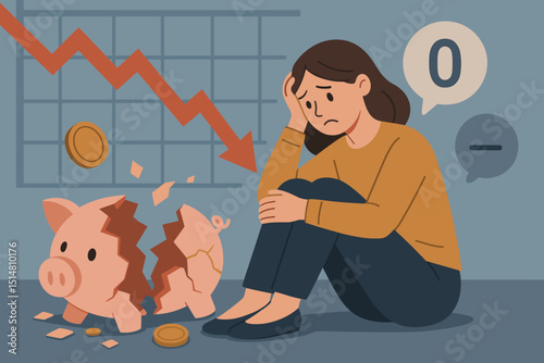 Financial crisis concept. Sad woman with broken piggy bank. Shattered savings, zero funds. Downward arrow graph shows economic recession, poverty, debt, investment loss, bankruptcy.