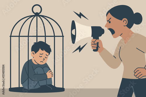 Verbal abuse and childhood trauma concept. Sad child trapped in cage with adult yelling via megaphone. Metaphor for toxic parenting, domestic violence, emotional distress, psychological pressure.