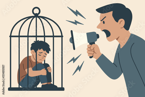 Child abuse concept. Sad boy in cage. Man yelling megaphone. Verbal emotional domestic violence. Psychological pressure. Fear despair. Control. Childhood trauma. Helpless victim.
