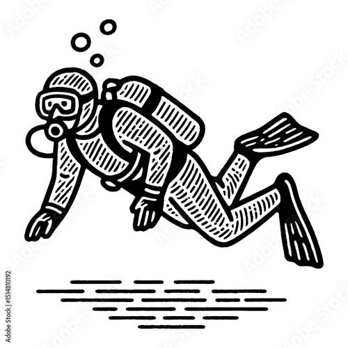 Black And White Illustration Of A Scuba Diver Swimming Underwater With Bubbles