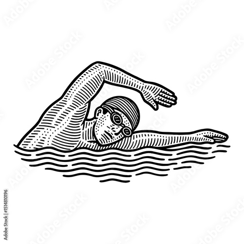 Black and White Illustration of a Swimmer in Front Crawl Swimming Stroke