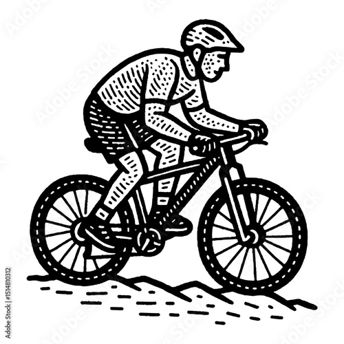 Cyclist Riding Mountain Bike Monochrome Line Art On Textured Terrain