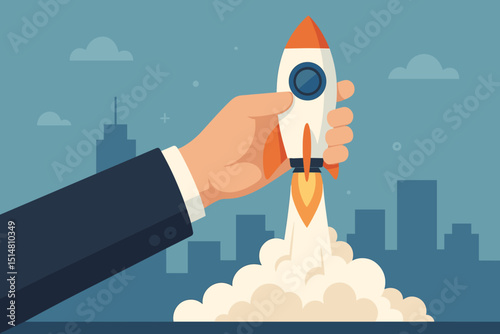 Launching entrepreneurial ambitions: Businessman hand starts rocket. New business startup, innovation, project launch, leadership, growth, success. City skyline. Vector concept.