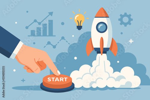Business innovation launchpad. Rocket blasting off, finger pressing start button. Idea lightbulb, growth chart, tech cogwheel symbol. Metaphor for project startup, progress, new venture success.