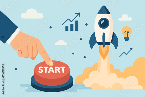 Launchpad for startup success and business innovation. Hand pressing red start button for rocket launch. Project initiation, new venture growth. Creative idea lightbulb, financial chart. Vector.