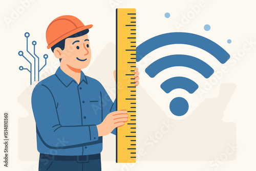 Engineer analyzing WiFi signal strength with ruler. Technician in hard hat evaluates wireless network performance. Modern internet connectivity technology concept. Circuit board, data communication.