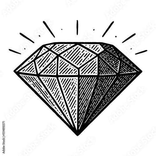 Detailed Black And White Diamond Illustration With Geometric Facets and Radiance