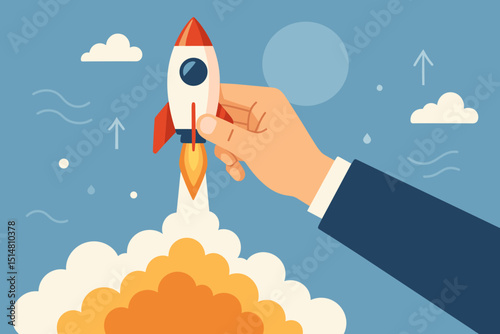Startup rocket launch by businessman hand. Entrepreneurial ambitions taking flight. New business project, innovation, growth strategy. Market boost, success, leadership. Vector flat illustration.