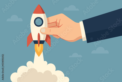 Launching entrepreneurial ambitions. Businessman hand starting rocket. Startup, new business project launch. Innovation, growth, career boost. Metaphor for success, beginning, new venture. Up.