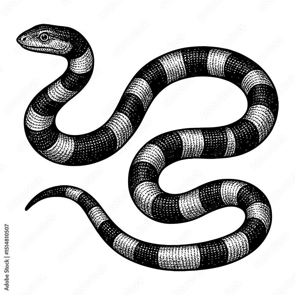 Naklejka premium Detailed Black And White Illustration of a Coiled Snake on White Background