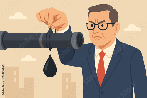 Stern politician squeezing oil pipeline, symbolizing energy crisis, fuel supply control, and geopolitical pressure. Businessman managing resources, economic sanctions, industry concept.