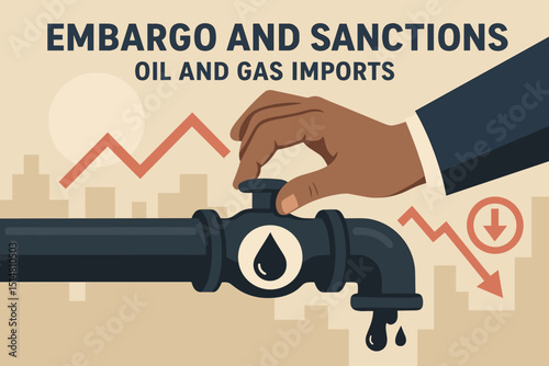 Oil and gas embargo conceptual illustration. Sanctions on energy imports, hand closing pipeline valve. Symbolizing supply cut, trade restrictions, economic crisis, fuel price, geopolitical conflict.