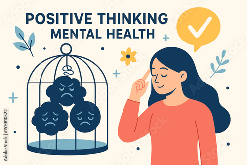 Positive thinking for mental health. Woman traps negative emotions, sad clouds in cage. Check mark speech bubble affirms good mindset. Psychology, optimism, self-care, emotional well-being vector.