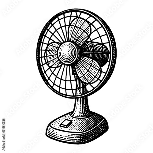 Detailed Black And White Illustration Of A Desk Fan With Protective Cage