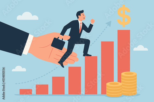 Mentorship for career success. Businessman with briefcase helped by large hand, climbing graph steps to financial goal, dollar sign. Business growth, guidance, support, achievement vector.