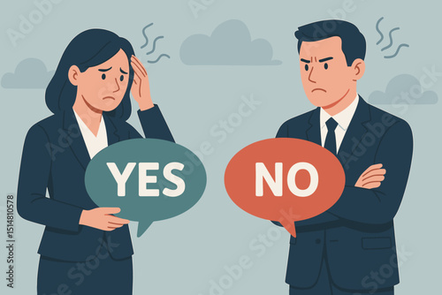 Business negotiation deadlock concept. Man and woman in conflict with yes and no speech bubbles. Disagreement, miscommunication, and conflict resolution challenges in workplace. Partnership crisis.