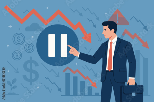 Business pause concept. Businessman stopping operations during economic crisis and financial market decline. Investment halt, recession strategy with falling charts, warning. Stock downturn risk.