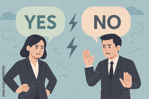 Business negotiation deadlock concept. Man and woman disagreeing, communication breakdown. Yes vs No speech bubbles with lightning, symbolizing conflict, argument, and corporate impasse.