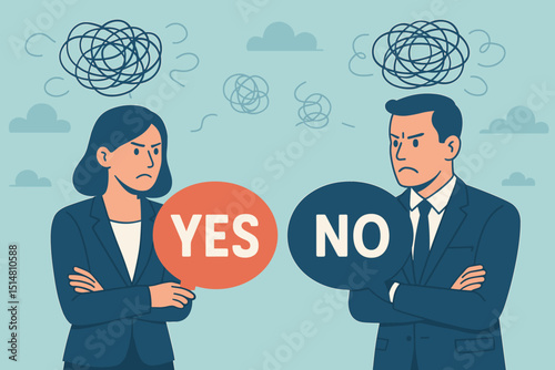 Yes versus No. Business negotiation deadlock concept. Man and woman in conflict, communication breakdown. Argument, disagreement, impasse, frustration, different opinions, corporate dispute.