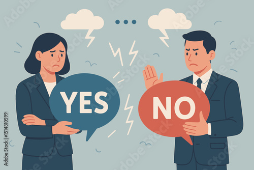 Negotiation deadlock communication conflict. Business people argument. Man NO, woman YES. Disagreement dispute. Corporate stress. Professional opposition. Decision making problem. Misunderstanding.