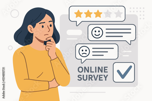 Customer feedback online survey. Woman evaluating product review. User experience rating. Client satisfaction. Opinion poll analysis. Market research concept. Star rating emoticons. Vector graphic.