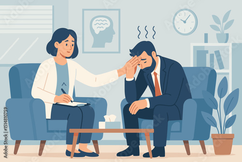 Therapist supports stressed businessman in office. Mental health counseling session for anxiety, depression, burnout. Professional psychological help, therapy concept vector illustration.