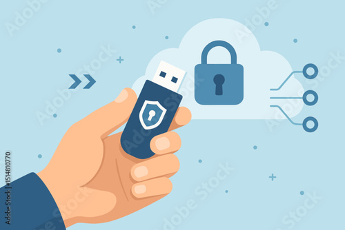 Secure data transfer. Cloud storage protection. Hand holding USB flash drive. Cybersecurity. Information privacy. Encrypted backup. Digital safety. Online service. IT security illustration.
