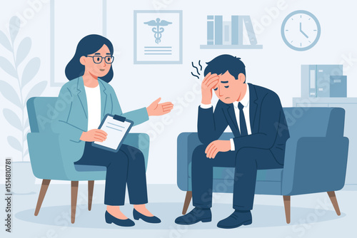 Therapist supports stressed businessman. Mental health counseling session. Psychologist providing therapy to man suffering from anxiety, depression, burnout. Professional help concept. Office.