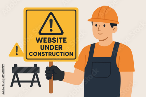 Website under construction vector illustration. Male worker in hard hat holding a warning sign for page maintenance or coming soon status. Internet error, offline webpage, web development concept.