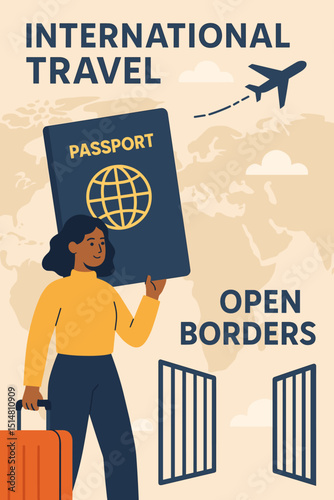International travel open borders. Woman with passport, luggage. Airplane over world map. Global tourism, freedom of movement. Immigration journey, vacation. Mobility concept vector poster.