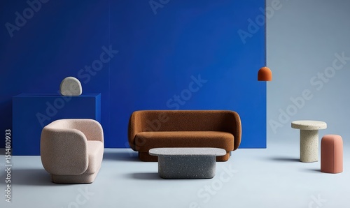 Modern living room set, featuring a bold blue wall and neutral furniture pieces