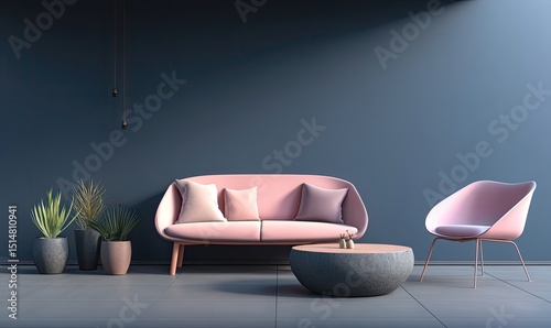 Modern living room, muted tones, pink accents