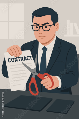 Contract termination. Businessman cutting agreement. Scissors on paper. Breach of contract. Deal breaking. Firing. Job loss. Partnership dissolution. Legal document. Angry. Frustrated.