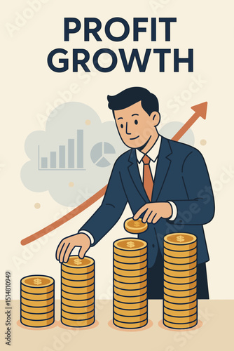 Businessman measuring profit growth by stacking gold coins. Concept of financial success, investment return, income increase, and wealth accumulation. Upward arrow, bar graph analysis.