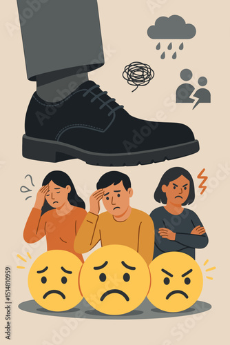 Psychological pressure metaphor: Oppression, stress, anxiety under authority. Mental health, burnout, depression, workplace bullying. Sad, angry, confused people, emojis. Vector illustration.