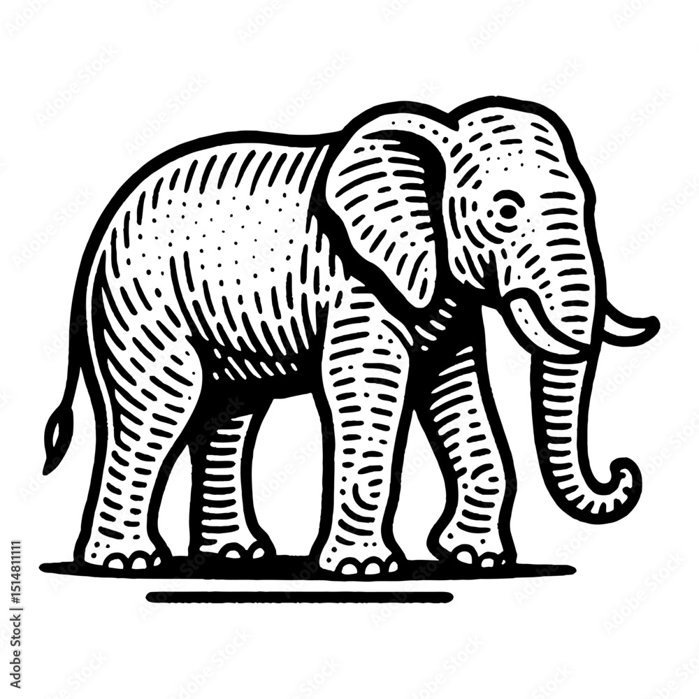 Fototapeta premium Detailed Monochrome Elephant Illustration Against White Background