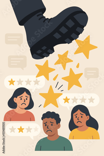 Bad reviews. Negative feedback. Customer dissatisfaction. Boot kicking rating stars. Poor service. Online criticism. Reputation damage. Unhappy people. Low score. Star rating system. Business failure.