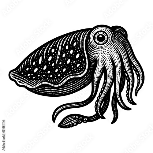 Detailed Monochrome Illustration of a Cuttlefish with Detailed Patterns on White Background