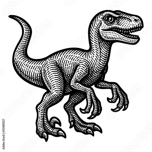 Detailed Monochrome Illustration of a Raptor Dinosaur Isolated on White Background
