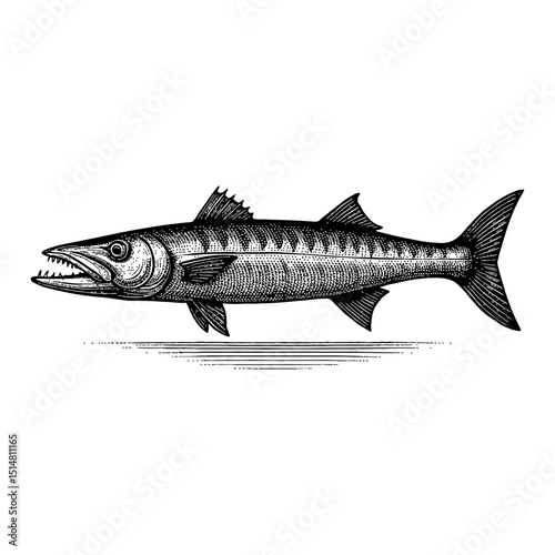 Detailed Monochrome Illustration of Barracuda with Sharp Teeth and Fins