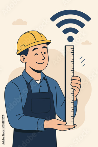Smiling technician in hard hat precisely measures Wi-Fi signal strength using a large ruler. Concept for network quality, wireless installation, internet connectivity, and technology. Vector.