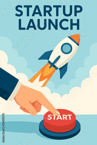 Startup launch concept: Hand pressing red start button, propelling rocket into sky. Business innovation, new project ignition, entrepreneurship journey, ambition, growth, success vector.