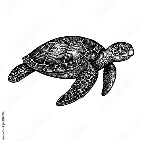 Detailed Monochrome Sea Turtle Illustration Against White Background
