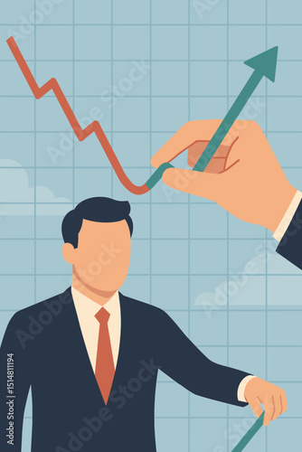 Market recovery transformation concept. Businessman hand changing red declining graph to green upward arrow. Financial growth, economic upturn, business strategy, support, solution vector.