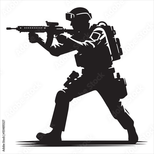 Police Officer in Action Silhouette - Defending Law and Order, black colour vactor 