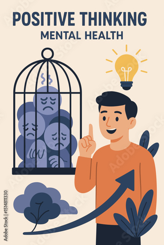 Overcoming Mental Barriers. Positive Thinking for Mental Health. Man finds idea, escapes trapped negative emotions, stress. Mindset shift, growth, psychology, therapy concept illustration.