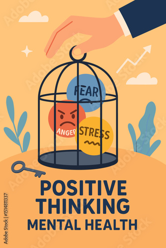 Mental health positive thinking concept. Lock negativity: fear, anger, stress in cage. Emotional regulation metaphor. Psychology for well-being. Overcome adversity. Mind freedom. Wellness.
